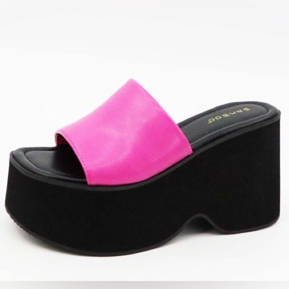 Bamboo Barbie Hot Pink Black Heeled Platform Wedge Sandal